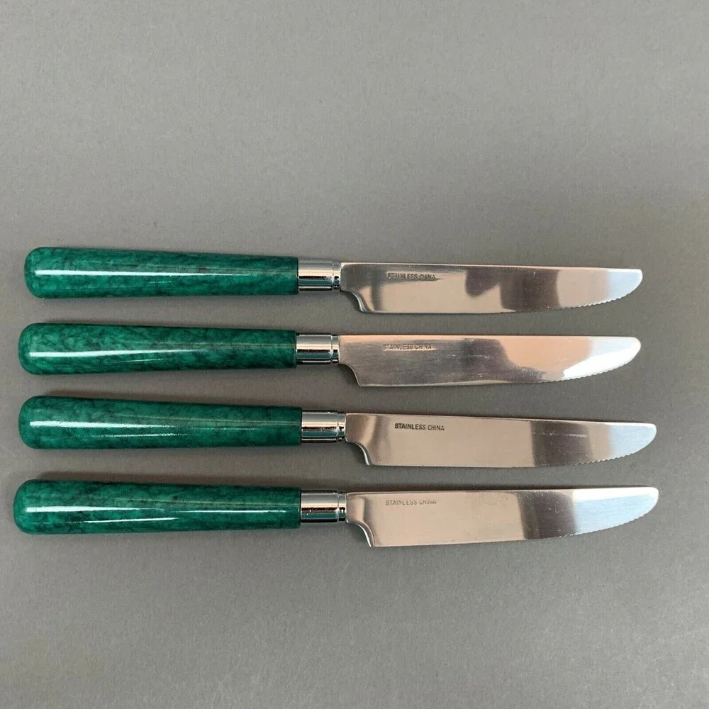 Green Handle 8 3/4 Knives Flatware Lot of 5